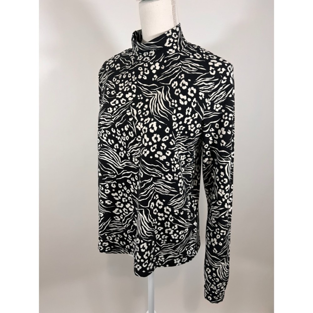 Anthropologie black white animal print mock neck long sleeve top size Large